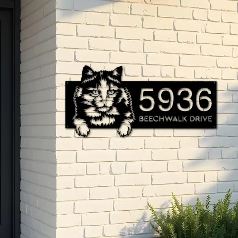Custom Metal Tortoiseshell Cute peeking cat Metal Address Sign, House number, Outdoor Number Signage, Yard Sign Address Plate