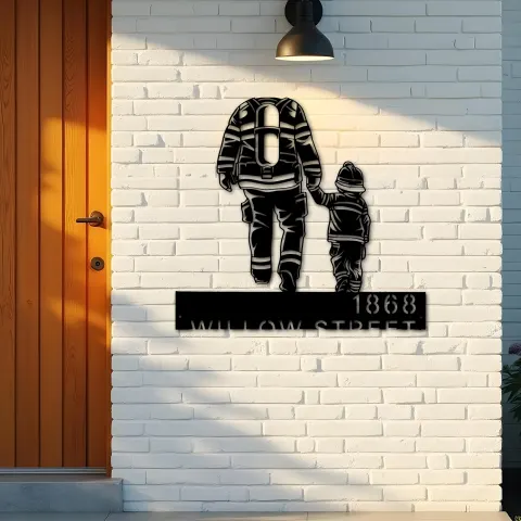 Vue alternative de Custom Metal Firefighter father and son Fireman Metal Address Sign, House number, Outdoor Number Signage, Yard Sign Address Plate