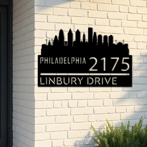 Custom Metal Philadelphia city skyline Metal Address Sign Hanging Address Plaque house number Yard Outdoor Sign