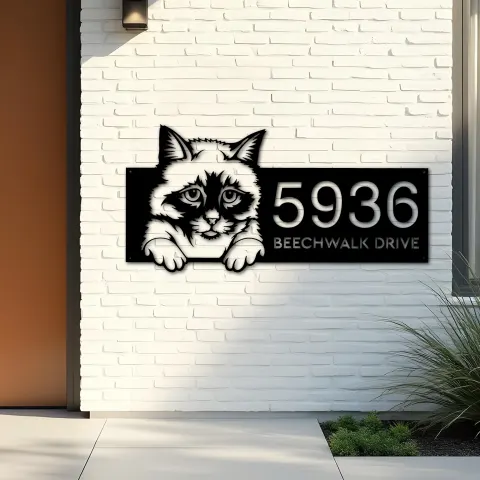 Vista alternativa de Custom Metal Birman Cute peeking cat kitten Metal Address Sign, House number, Outdoor Number Signage, Yard Sign Address Plate