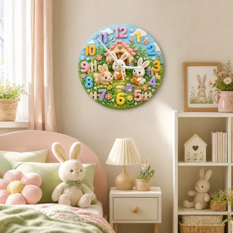 Pastell Hase Garten Wanduhr für Kinderzimmer | Verspielt Waldtier Kinderzimmer Dekoration, Süßes Geschenk für Mädchenzimmer (34,5 cm)