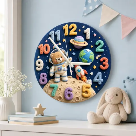 Astronauten-Teddybär Wanduhr für das Kinderzimmer | Weltraum Dekoration, Galaxie Planeten Themen Geschenk für das Babyzimmer (34,5 cm) alternative Ansicht