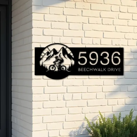 Custom Metal Mountain biker Bicycle rider MTB Metal Address Sign, House number, Outdoor Number Signage, Yard Sign Address Plate