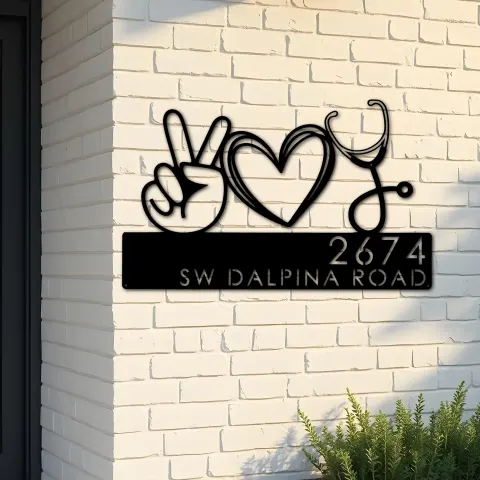 Custom Metal Peace love nursing Nurse Metal Address Sign, House number, Outdoor Number Signage, Yard Sign Address Plate
