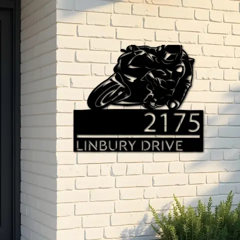 Custom Metal Motobike rider biker Metal Address Sign, House number, Outdoor Number Signage, Yard Sign Address Plate