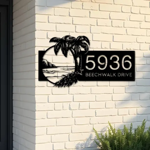 Custom Metal Island Beach Scene Palm Tree Metal Address Sign, House number, Outdoor Number Signage, Yard Sign Address Plate