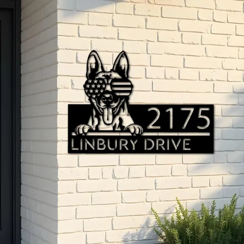 Custom Metal Belgian Malinois dog US glasses Metal Address Sign House number Hanging Address Plaque Yard Sign Outdoor decor