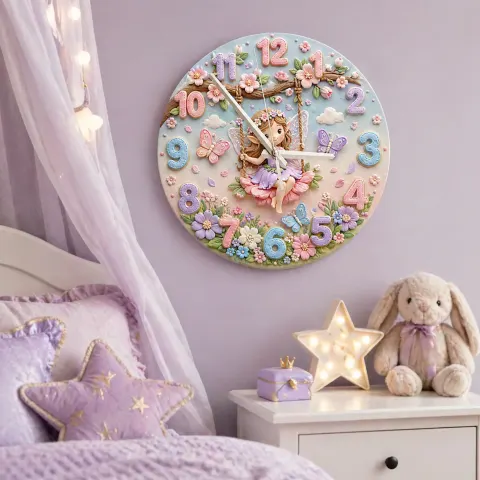 Verzauberte Feenschaukel Wanduhr für Kinderzimmer | Pastellblumen Schmetterlings Dekor für das Kinderzimmer, Andenken für Mädchen (34,5 cm) alternative Ansicht