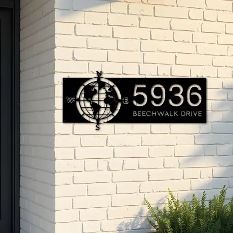 Custom Metal Compass globe world map Metal Address Sign, House number, Outdoor Number Signage, Yard Sign Address Plate