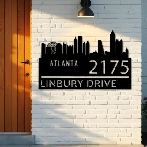 Vista alternativa de Custom Metal Atlanta city skyline Metal Address Sign Hanging Address Plaque house number Yard Outdoor Sign