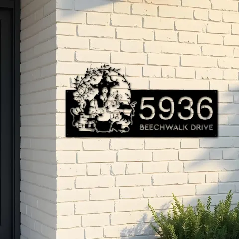 Custom Metal Witch and black cat halloween Metal Address Sign, House number, Outdoor Number Signage, Yard Sign Address Plate