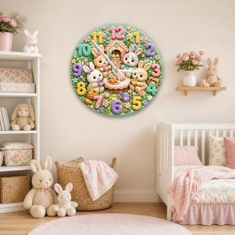 Kaninchen Teeparty Garten Wanduhr für Kinderzimmer | Pastell Waldtier-Nursery Dekoration, Andenken-Geschenk zur Babyparty für Mädchen (34,5 cm)
