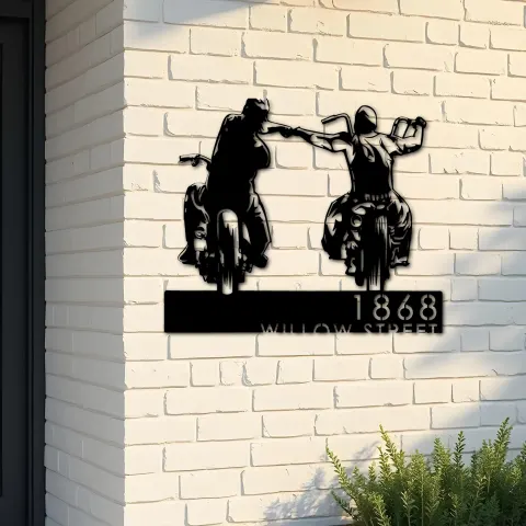 Custom Metal Biker brothers fist bump Motocycle riders Metal Address Sign, House number, Outdoor Number Signage, Yard Sign Address Plate