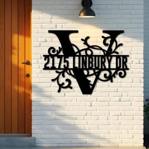 Vue alternative de Custom Metal Floral Monogram Split Letter V Metal Address Sign House number Hanging Address Plaque Yard Sign Outdoor decor