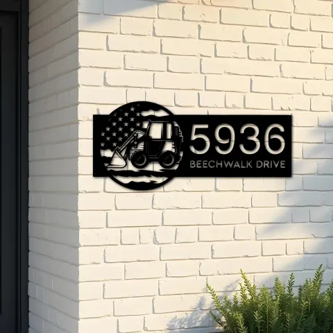 Custom Metal Farm excavator bulldozer US flag Metal Address Sign Custom House number Hanging Address Plaque Yard Sign Outdoor