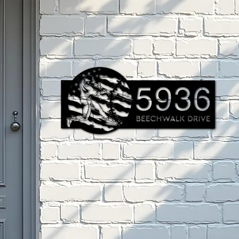 Vista alternativa de Custom Metal Baseball player distressed US flag Metal Address Sign, House number, Outdoor Number Signage, Yard Sign Address Plate