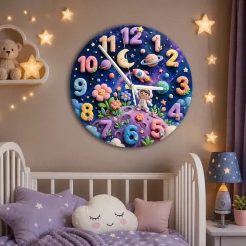 Pastell-Wanduhren für Kinderzimmer mit Astronauten | Verspielte Galaxie-Krippe-Dekoration, Süßes Geburtstagsgeschenk für Jungen und Mädchen (34,5 cm)