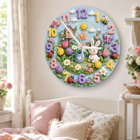 Wanduhr mit Frühlingsgarten und Hase für das Kinderzimmer | Pastellblumen und Schmetterlinge, Geschenk zur Babyparty und zum Geburtstag für Mädchen (34,5 cm)
