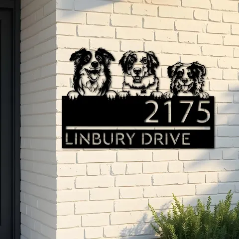 Custom Metal Australian shepherd dogs puppy Metal Address Sign House number Hanging Address Plaque Yard Sign Outdoor decor