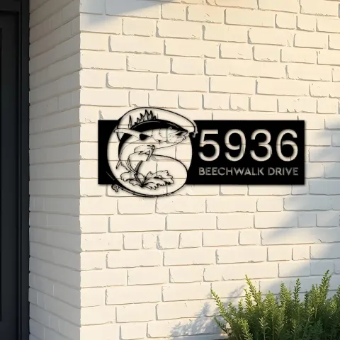Custom Metal Tuna fishing rod bait hook Metal Address Sign, House number, Outdoor Number Signage, Yard Sign Address Plate