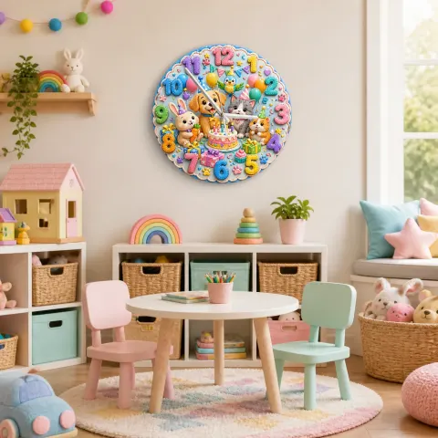 Festliche Geburtstagsfeier Tiere Wanduhr für Kinderzimmer | Welpe, Katze, Kaninchen Dekoration, Buntes Geschenk zur Babyparty (34,5 cm) alternative Ansicht