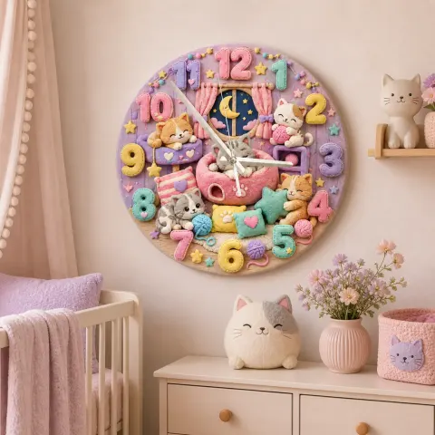 Pastell Schlafende Kätzchen Wanduhr für Kinderzimmer | Gemütliches Katzen-Thema für die Babyausstattung, Süßes Geschenk für das Mädchenzimmer (34,5 cm) alternative Ansicht