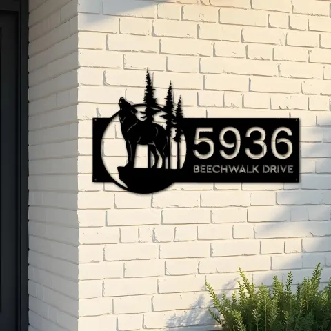 Custom Metal Wolf wild life mountain forest Metal Address Sign, House number, Outdoor Number Signage, Yard Sign Address Plate