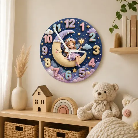 Magische Fee Mond Wanduhr für Kinderzimmer | Pastell Sternenhimmel Dekor, Verspieltes Geschenk für Mädchen (34,5 cm) alternative Ansicht