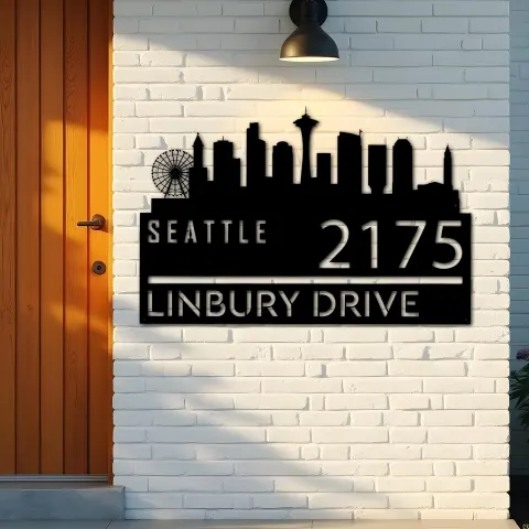 Vista alternativa de Custom Metal Seattle city skyline Metal Address Sign Hanging Address Plaque house number Yard Outdoor Sign