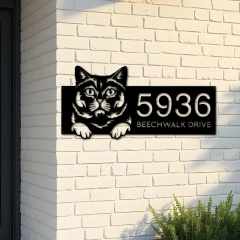 Custom Metal British shorthair Cute peeking cat Metal Address Sign, House number, Outdoor Number Signage, Yard Sign Address Plate