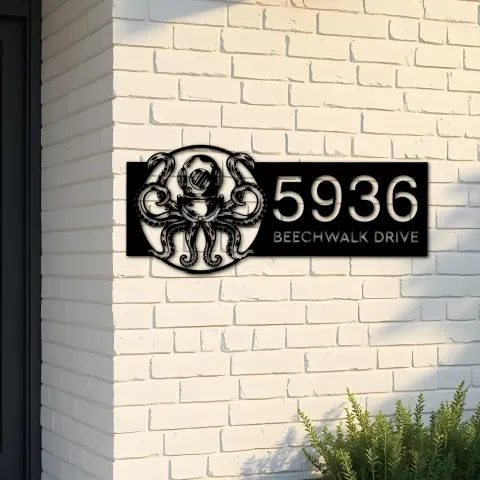 Custom Metal Octopus in diving helmet Metal Address Sign, House number, Outdoor Number Signage, Yard Sign Address Plate