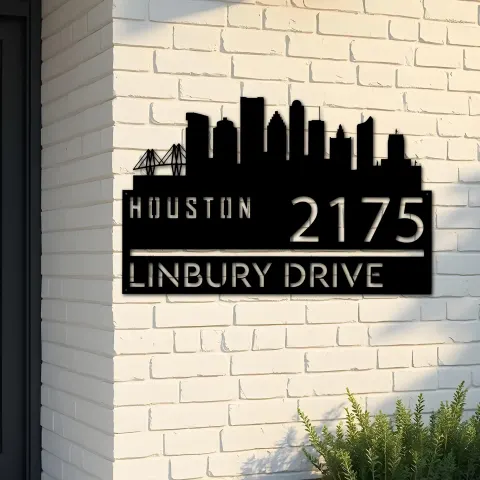 Custom Metal Houston city skyline Metal Address Sign Hanging Address Plaque house number Yard Outdoor Sign