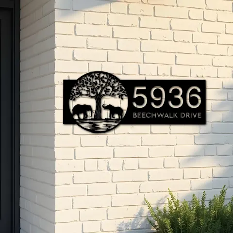 Custom Metal Leafy Tree and Couple Elephants Metal Address Sign, House number, Outdoor Number Signage, Yard Sign Address Plate