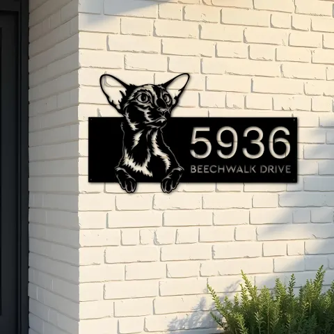 Custom Metal Oriental Shorthair Cute peeking cat Metal Address Sign, House number, Outdoor Number Signage, Yard Sign Address Plate