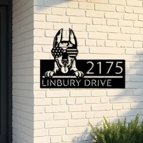 Custom Metal Doberman dog US flag glasses Metal Address Sign House number Hanging Address Plaque Yard Sign Outdoor decor