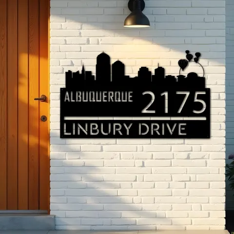 Vista alternativa de Custom Metal Albuquerque city skyline Metal Address Sign Hanging Address Plaque house number Yard Outdoor Sign