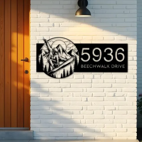 Vista alternativa de Custom Metal Snowboard Snowboarder winter sport Metal Address Sign, House number, Outdoor Number Signage, Yard Sign Address Plate
