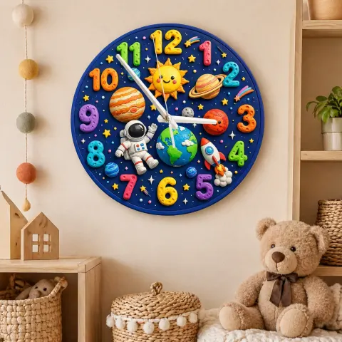 Äußerer Raum Astronaut Wanduhr für Kinderzimmer | Solar System Dekoration für das Kinderzimmer, Geschenk für kleine Jungen (34,5 cm) alternative Ansicht