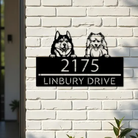 Vue alternative de Custom Metal Husky and samoyed dog Puppy Metal Address Sign House number Hanging Address Plaque Yard Sign Outdoor decor
