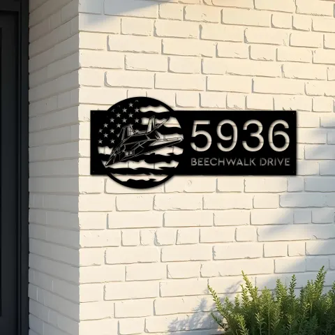 Custom Metal Stealth Fighter Jet airplane US flag Metal Address Sign House number Hanging Address Plaque Yard Sign Outdoor