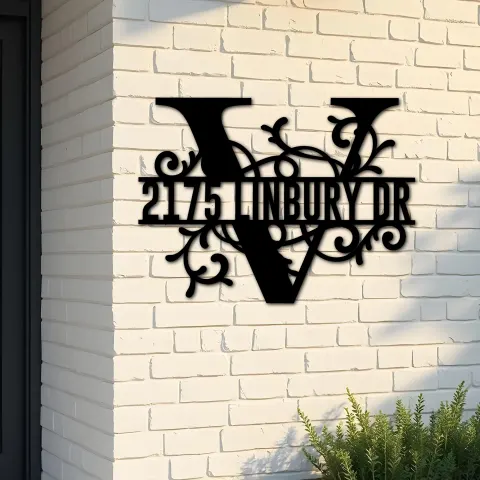 Custom Metal Floral Monogram Split Letter V Metal Address Sign House number Hanging Address Plaque Yard Sign Outdoor decor