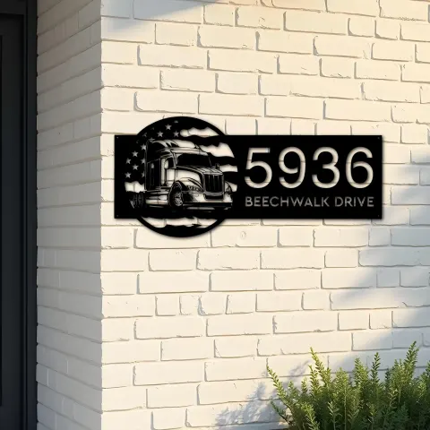 Custom Metal Semi truck on US flag trucker driver Metal Address Sign, House number, Outdoor Number Signage, Yard Sign Address Plate