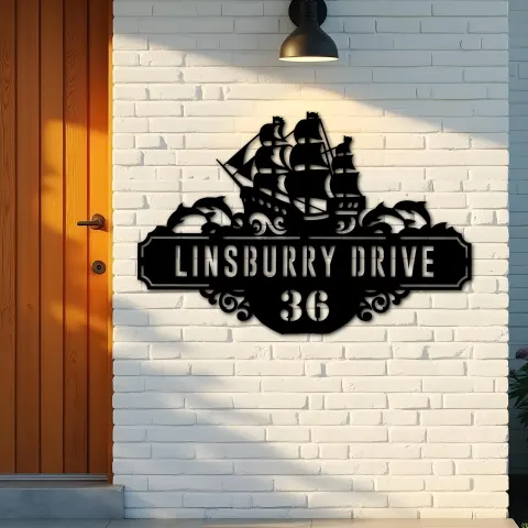 Vista alternativa de Custom Metal Ship Metal Address Sign Custom Hanging Address Plaque House number Yard Sign Outdoor Sign