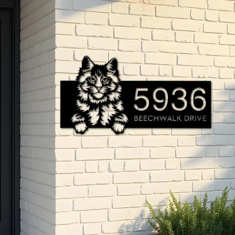 Custom Metal Main coon Cute peeking cat kitten Metal Address Sign, House number, Outdoor Number Signage, Yard Sign Address Plate
