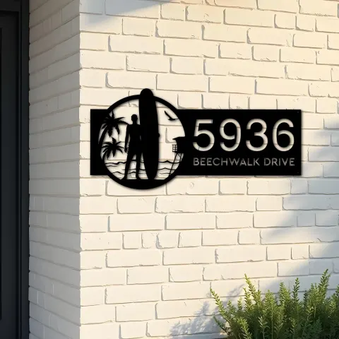 Custom Metal Longboard male Surfer Metal Address Sign, House number, Outdoor Number Signage, Yard Sign Address Plate