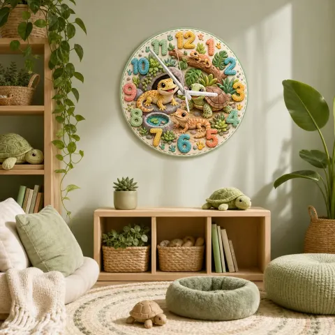 Niedliche Reptilien und Schildkröten Wanduhr für Kinderzimmer | Wüsten-Eidechsen Dekoration, Geschenkidee zum Geburtstag für kleine Jungen (34,5 cm)