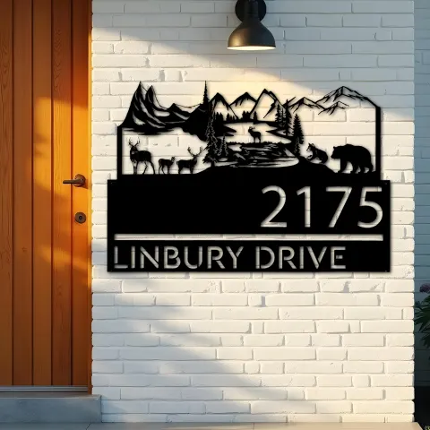 Vue alternative de Custom Metal Forest elk deer bear scene Metal Address Sign, House number, Outdoor Number Signage, Yard Sign Address Plate