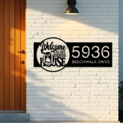 Vista alternativa de Custom Metal Welcome to our haunted house Halloween Metal Address Sign House number Hanging Address Plaque Yard Outdoor Sign
