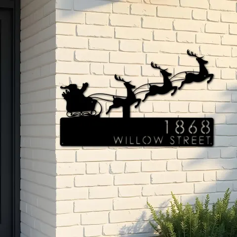 Custom Metal Santa claus Christmas Reindeer sleigh Metal Address Sign, House number, Outdoor Number Signage, Yard Sign Address Plate