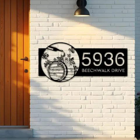 Vista alternativa de Custom Metal Wine barrel bottle grapes Metal Address Sign, House number, Outdoor Number Signage, Yard Sign Address Plate